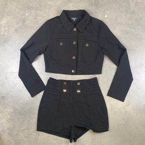 Black button-up long sleeve top and booty shorts with golden buttons set